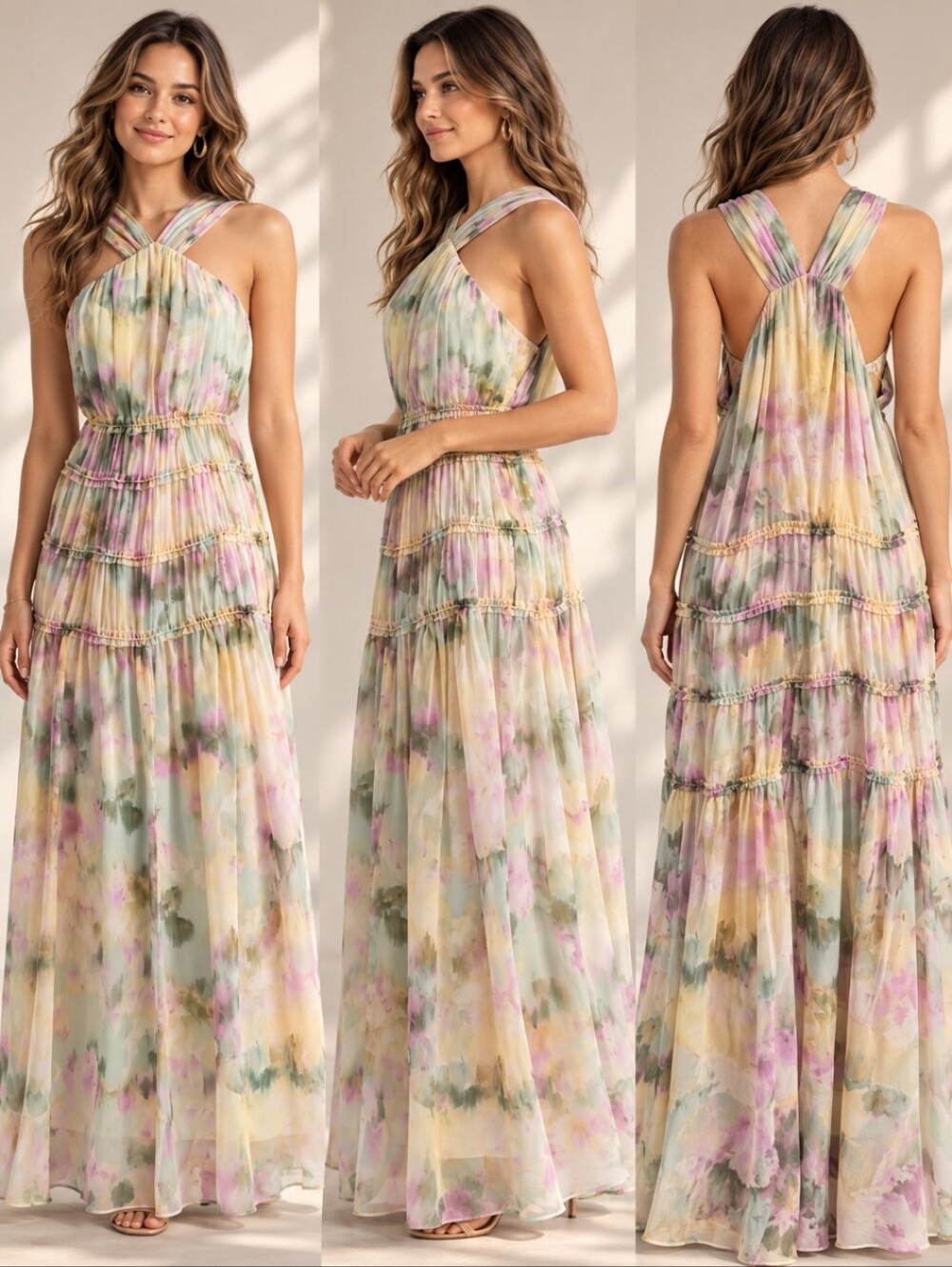 Parker NWT Seafoam Watercolor Floral Tiered Maxi Dress Siz 4 $190  Boho Festival